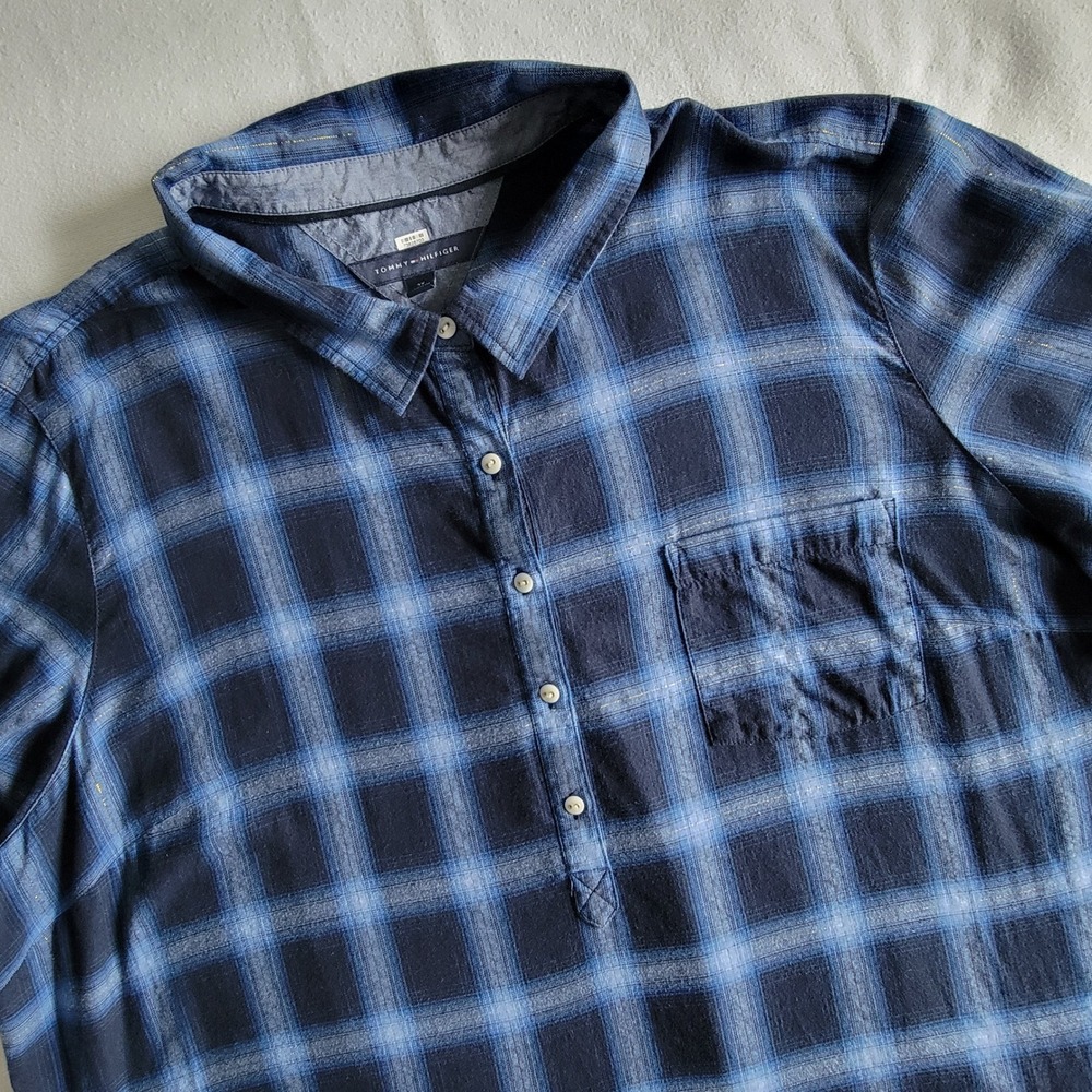 Tommy Hilfiger Plaid Henley Blouse Blue Women's 3X Classic Preppy Casual Cotton